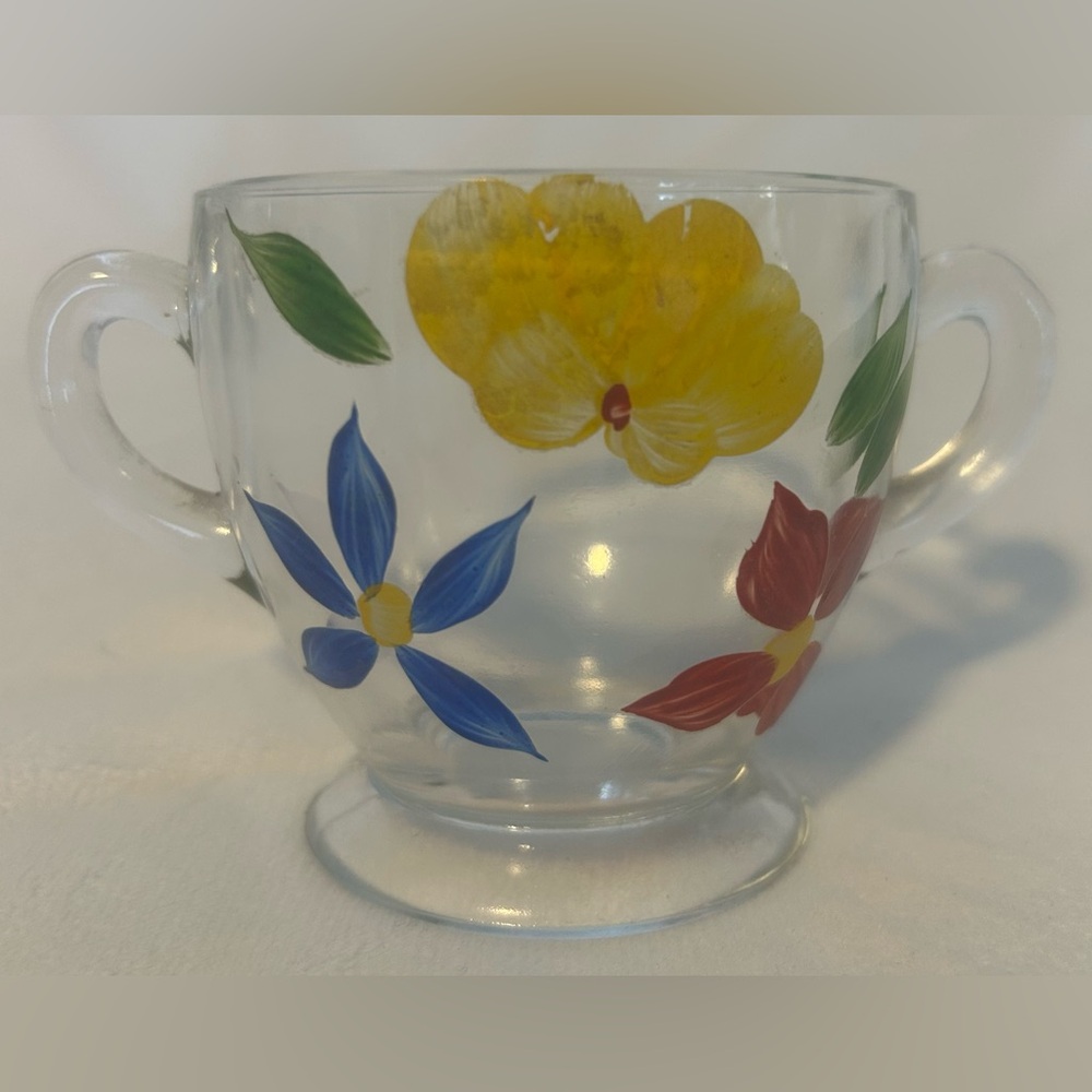 Bartlett & Collins Clear Glass Sugar Bowl ONLY Painted Red Blue Yellow Vintage
